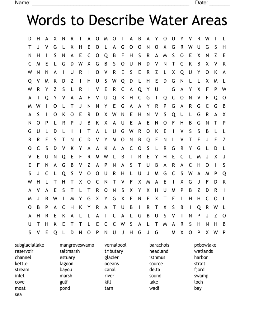 Words to Describe Water Areas Word Search