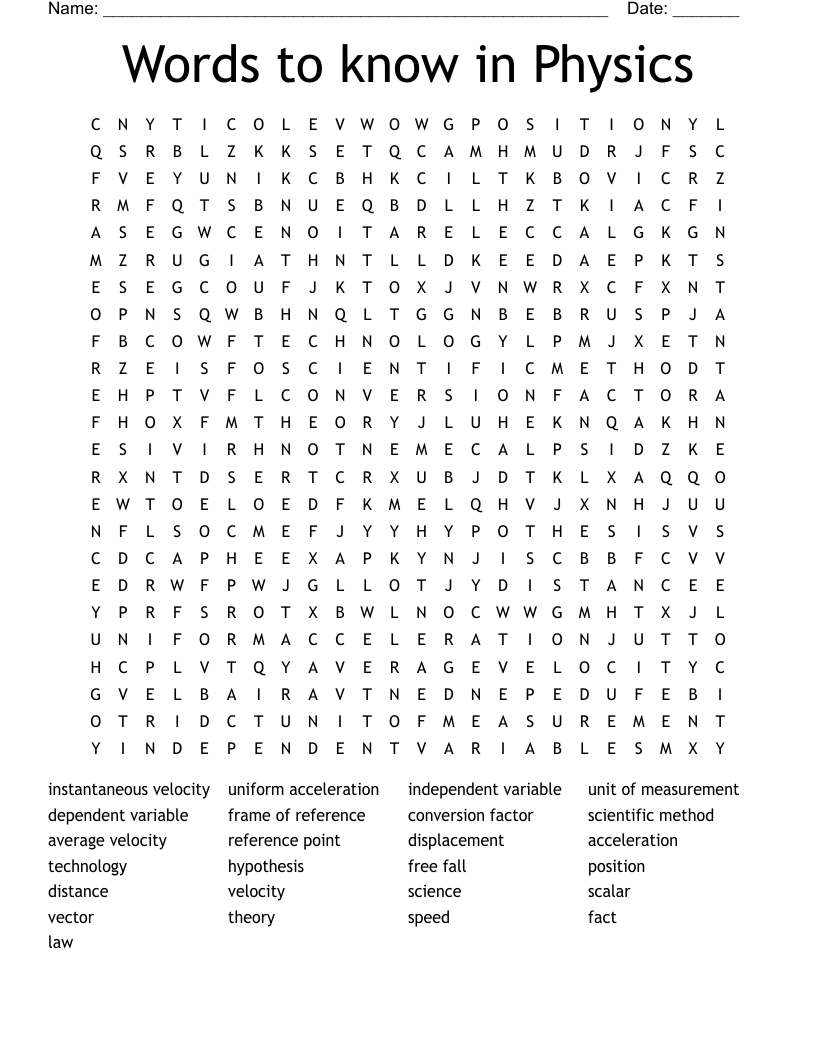 Words to know in Physics  Word Search