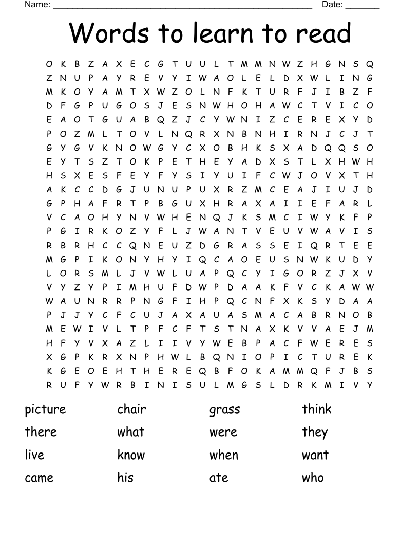 Words to learn to read Word Search