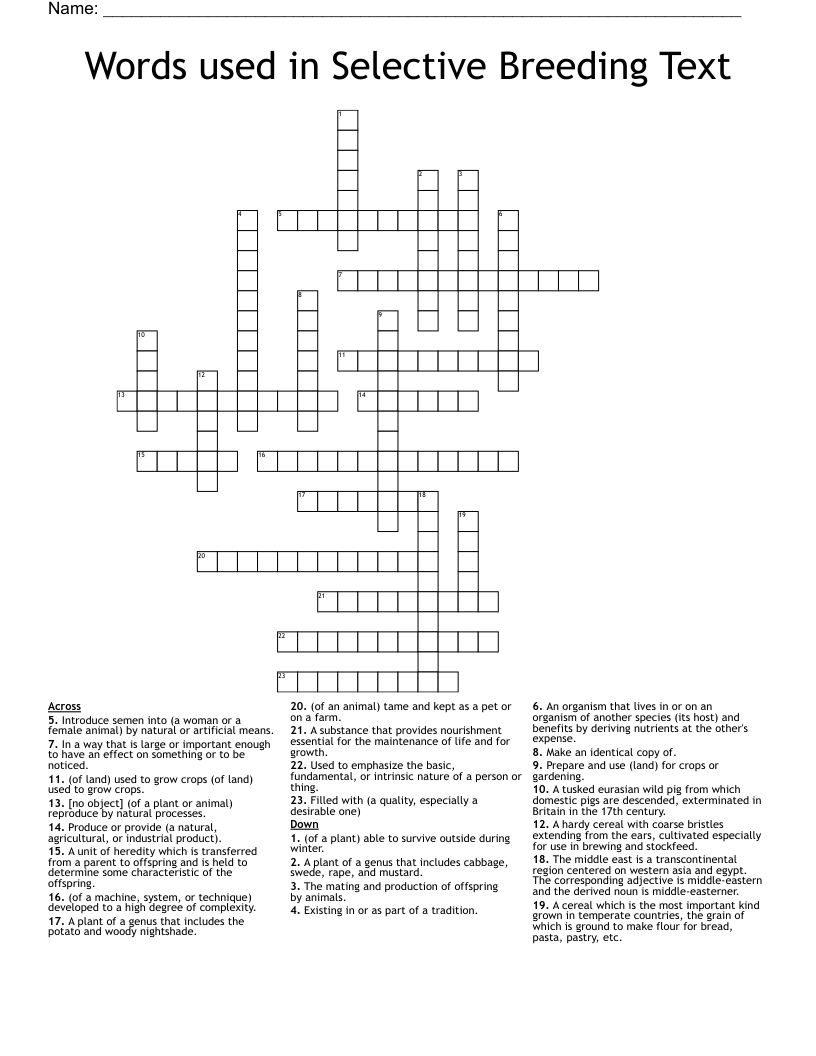 Words used in Selective Breeding Text Crossword