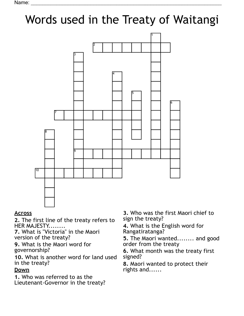 Words used in the Treaty of Waitangi Crossword