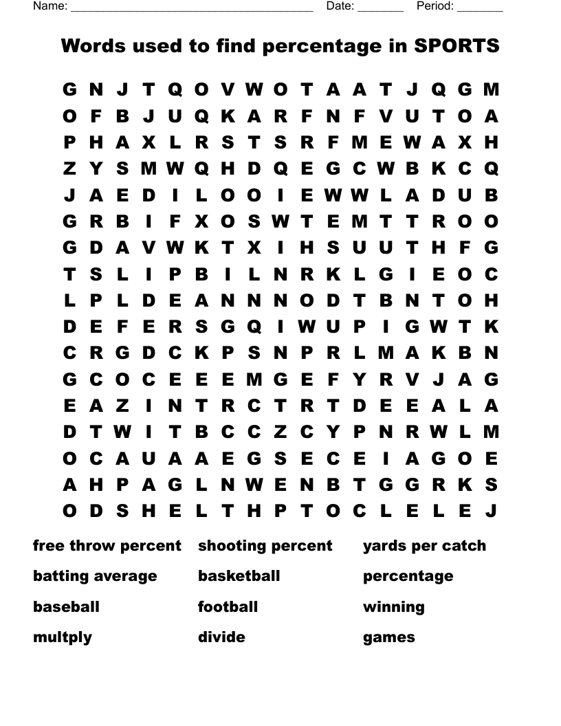 Words used to find percentage in  SPORTS Word Search