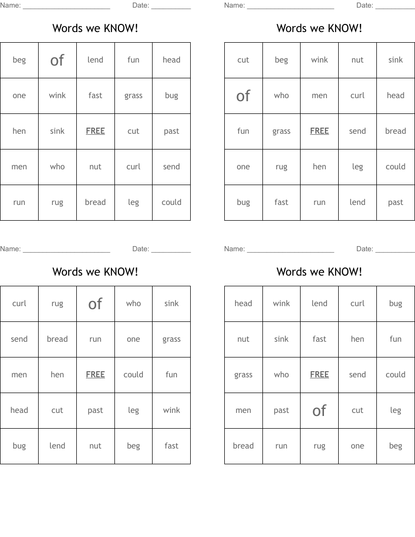 Words we KNOW!  Bingo Cards