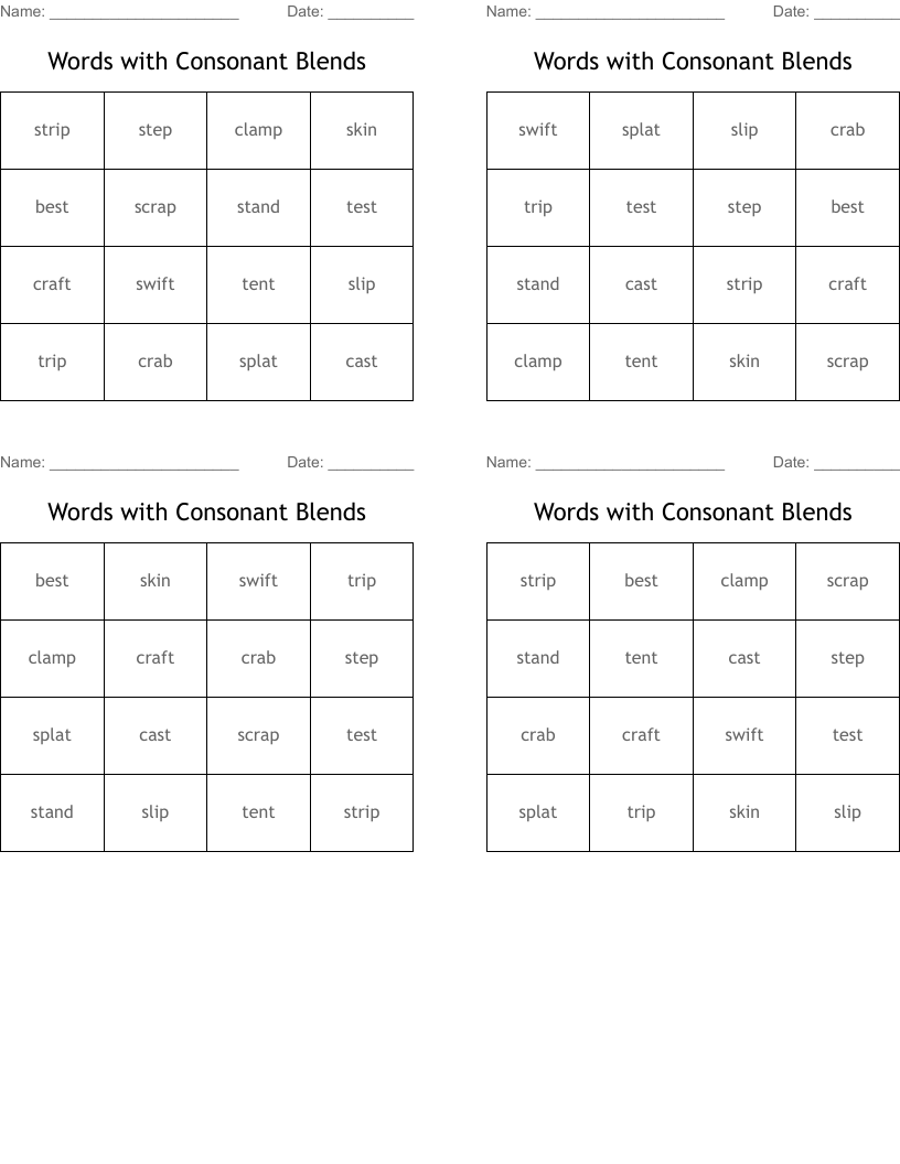 Words with Consonant Blends Bingo Cards