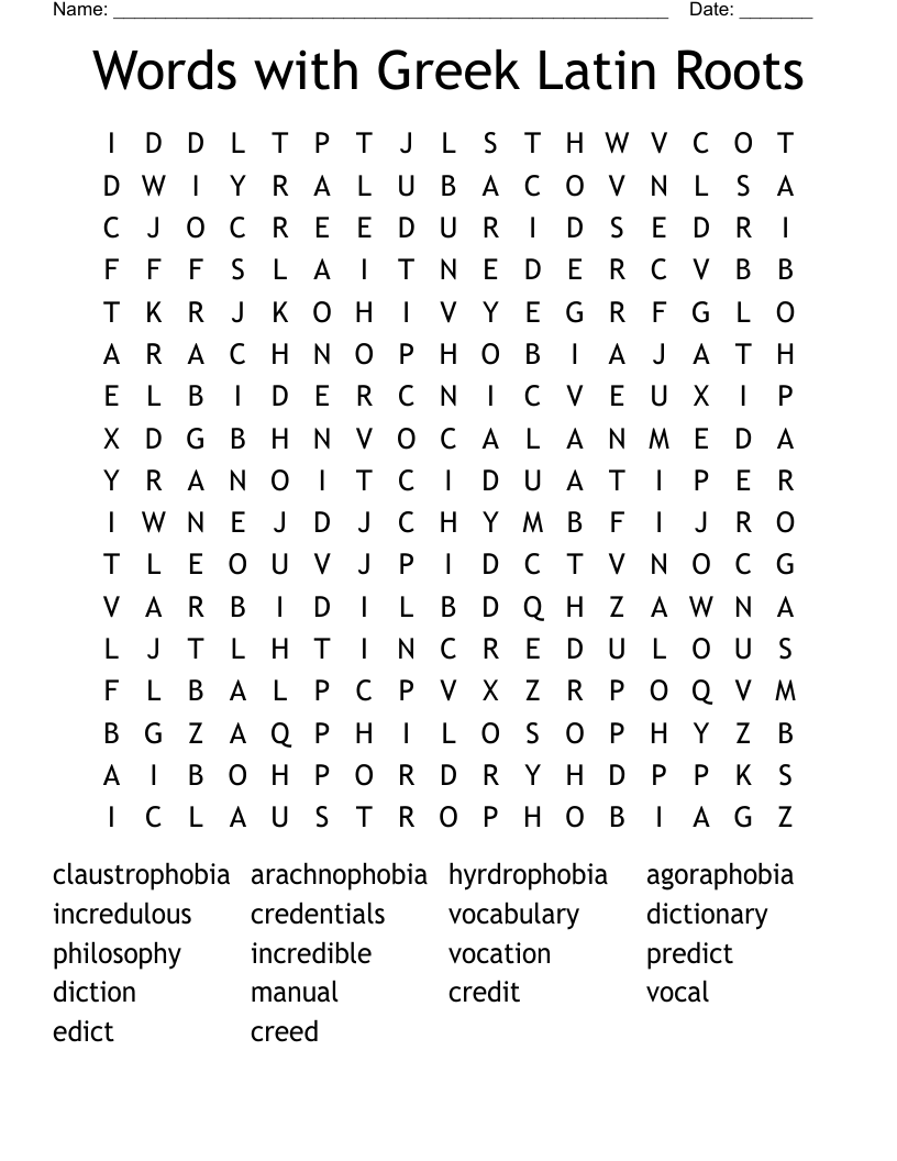 Words with Greek Latin Roots Word Search