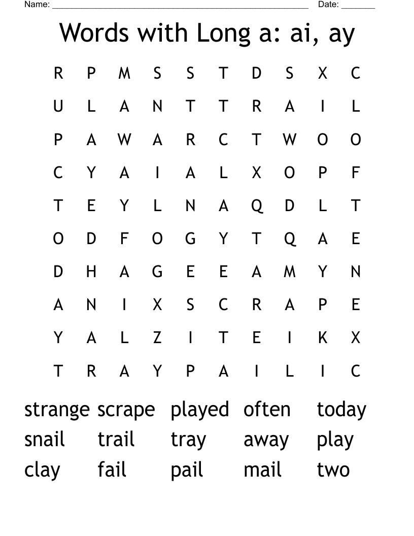 Words with Long a: ai, ay Word Search