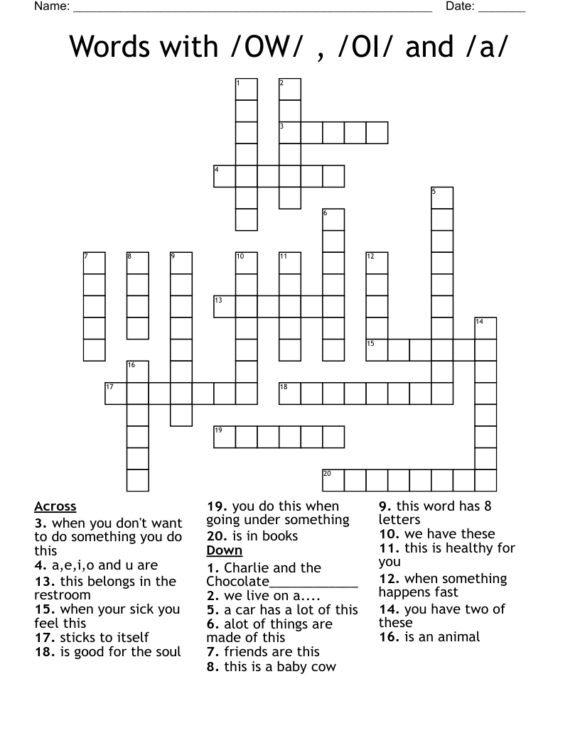 Words with /OW/ , /OI/  and /a/  Crossword