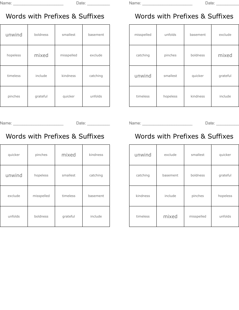 Words with Prefixes & Suffixes Bingo Cards