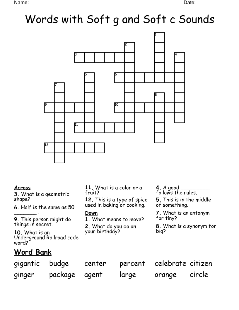 Words with Soft g and Soft c Sounds Crossword