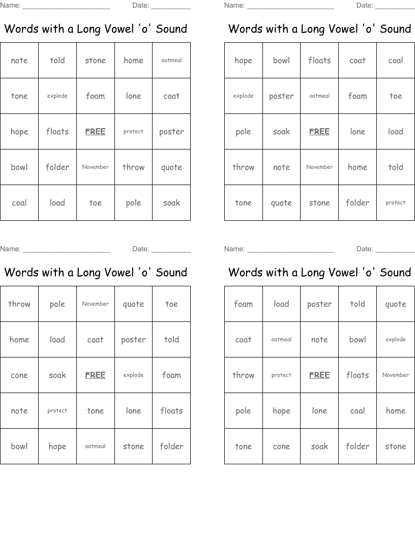 Words with a Long Vowel 'o' Sound Bingo Cards