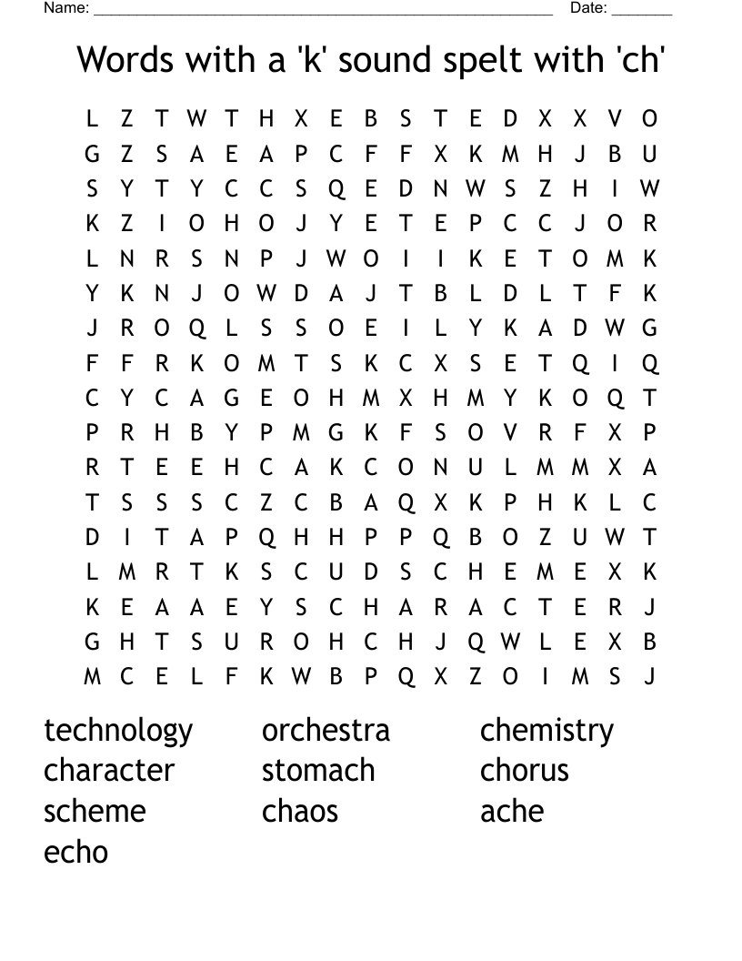 Words with a 'k' sound spelt with 'ch' Word Search