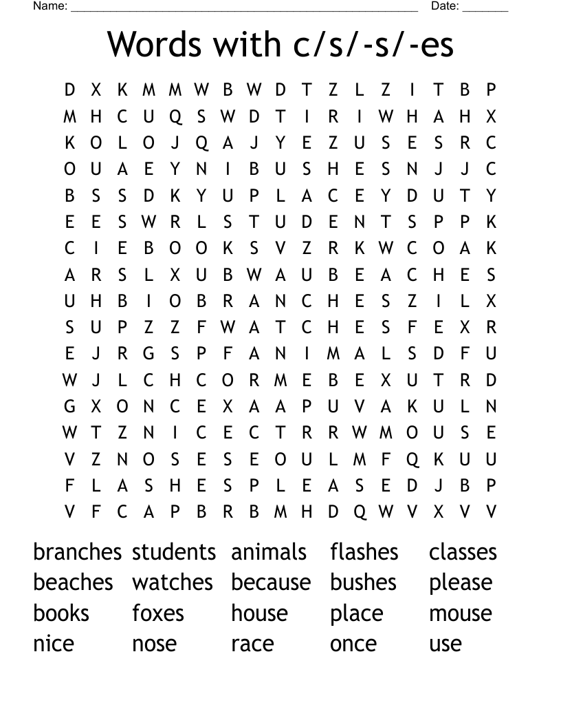 Words with c/s/-s/-es Word Search