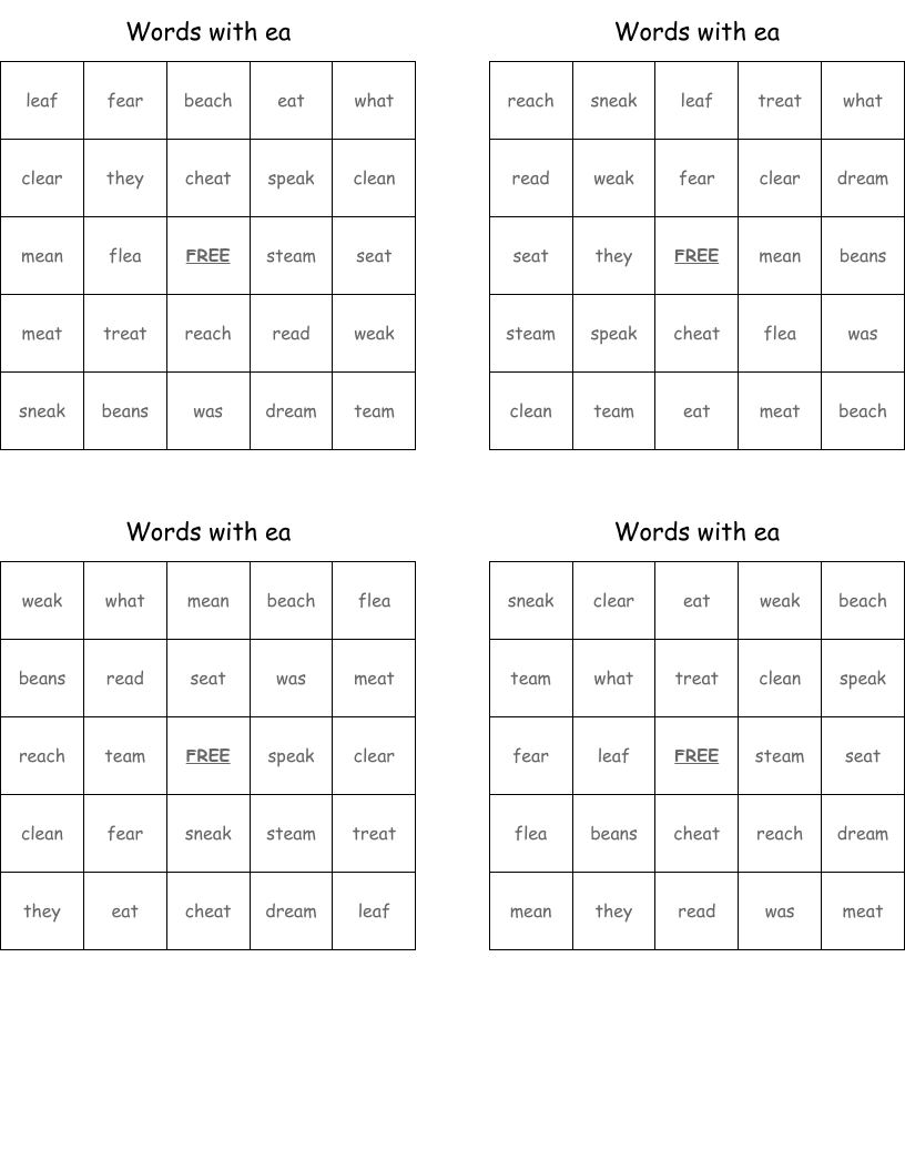 Words with ea Bingo Cards