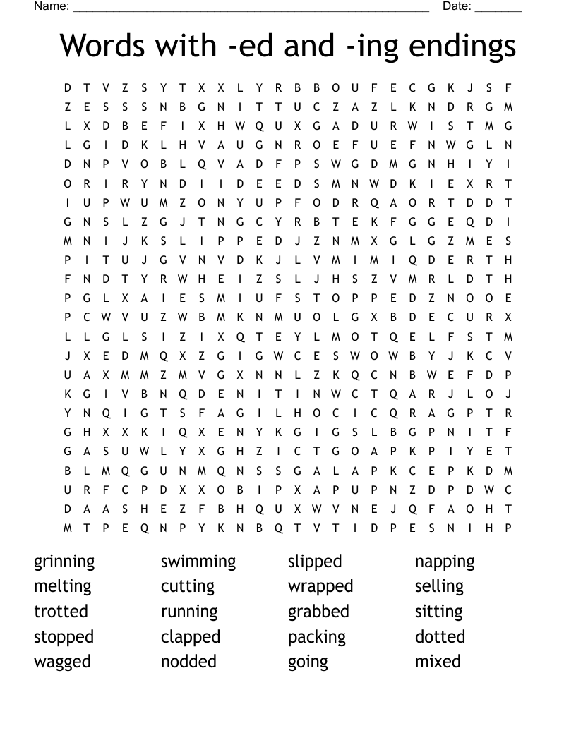 Words with -ed and -ing endings Word Search
