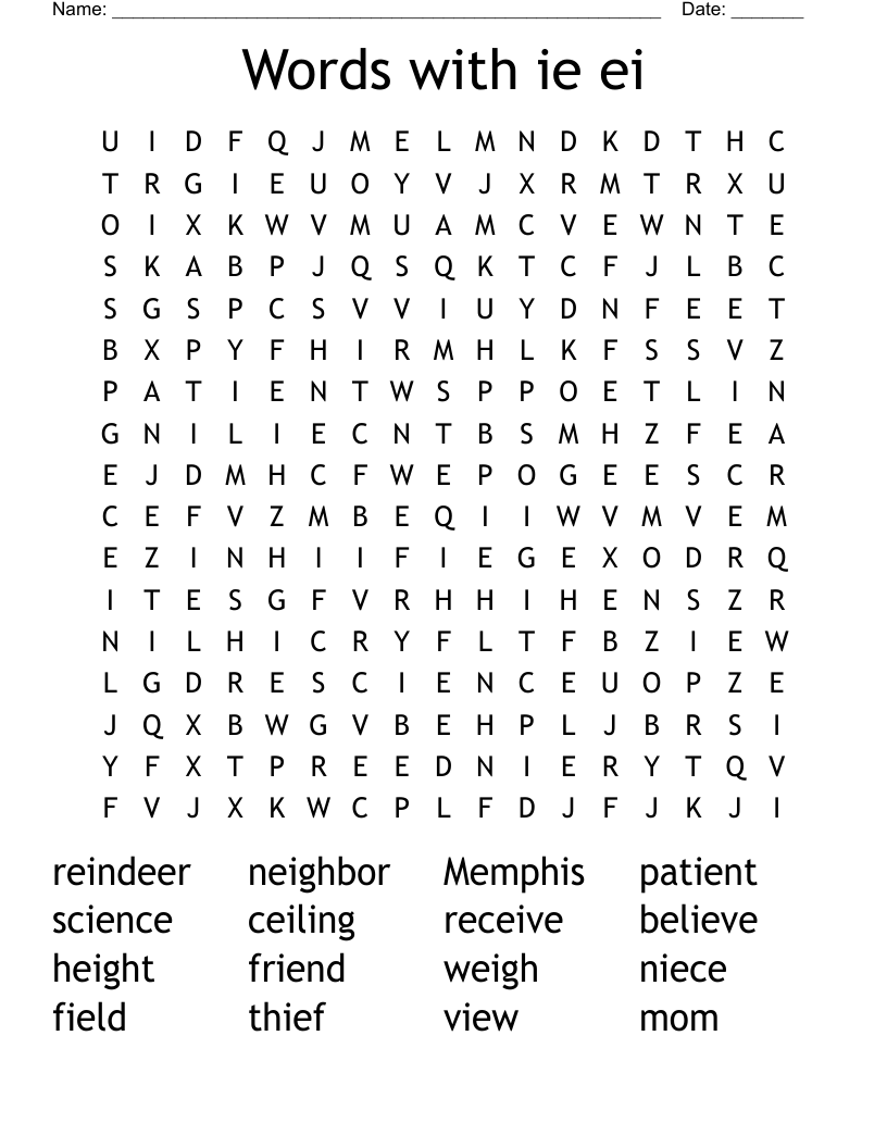 Words with ie ei Word Search