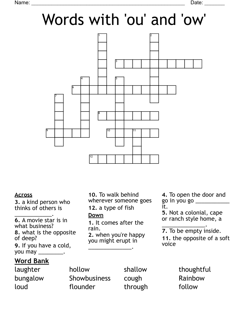 Words with 'ou' and 'ow' Crossword