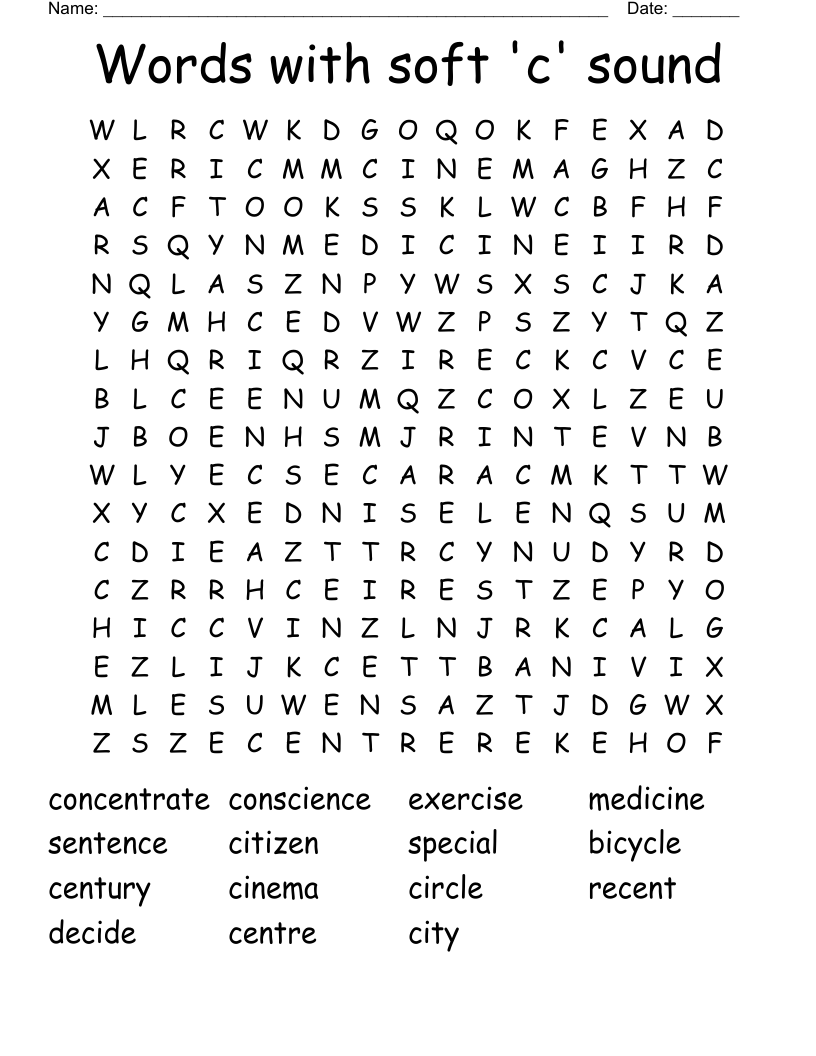 Words with soft 'c' sound Word Search