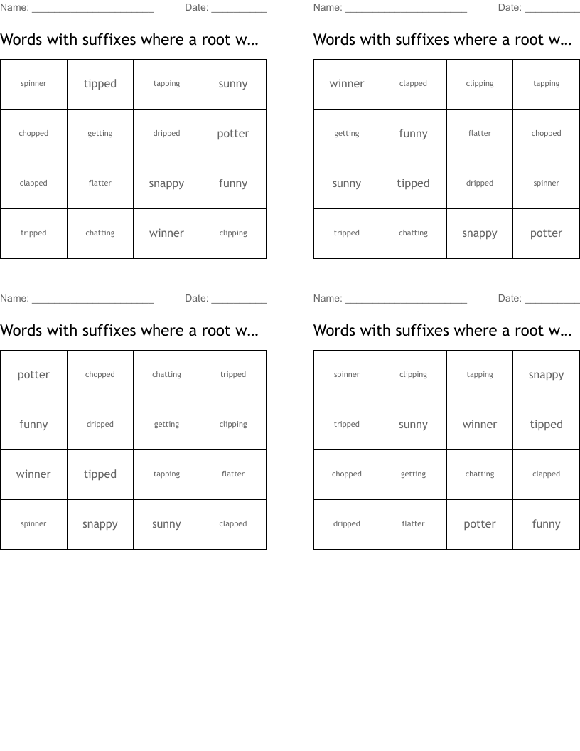 Words with suffixes where a root word ends with a short vowel sound and a single consonant letter, and that letter is doubled before adding a suffix beginning with a vowel or "y" Entry level 2 Bingo Cards