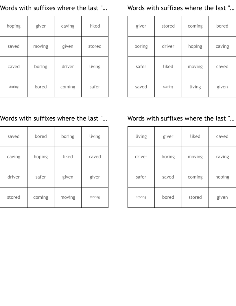 Words with suffixes where the last "e" in a root word is dropped before adding a suffix beginning with a vowel Entry level 2 Bingo Cards