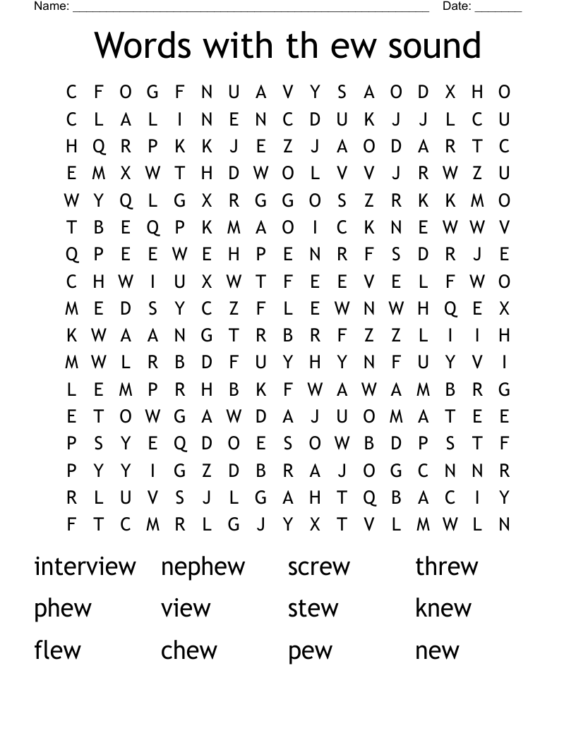 Words with th ew sound Word Search