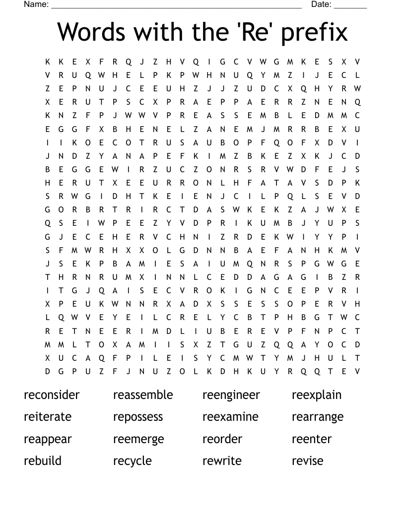 Words with the 'Re' prefix Word Search