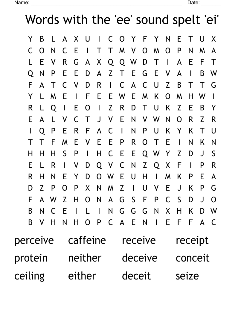 Words with the 'ee' sound spelt 'ei' Word Search