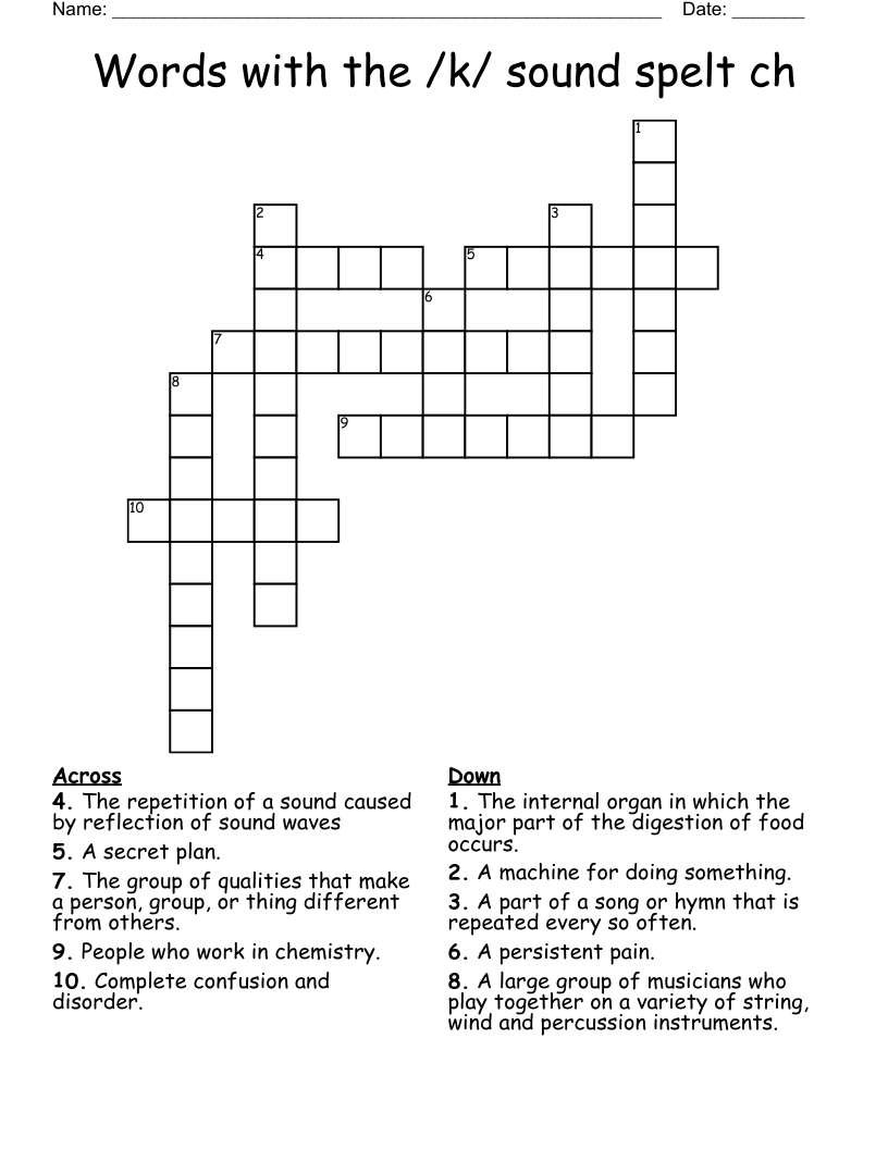 Words with the /k/ sound spelt ch Crossword