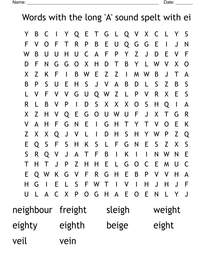 Words with the long 'A' sound spelt with ei Word Search