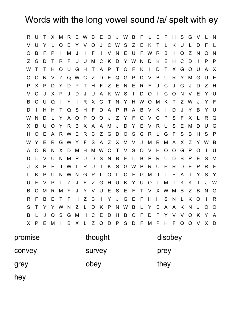 Words with the long vowel sound /a/ spelt with ey Word Search