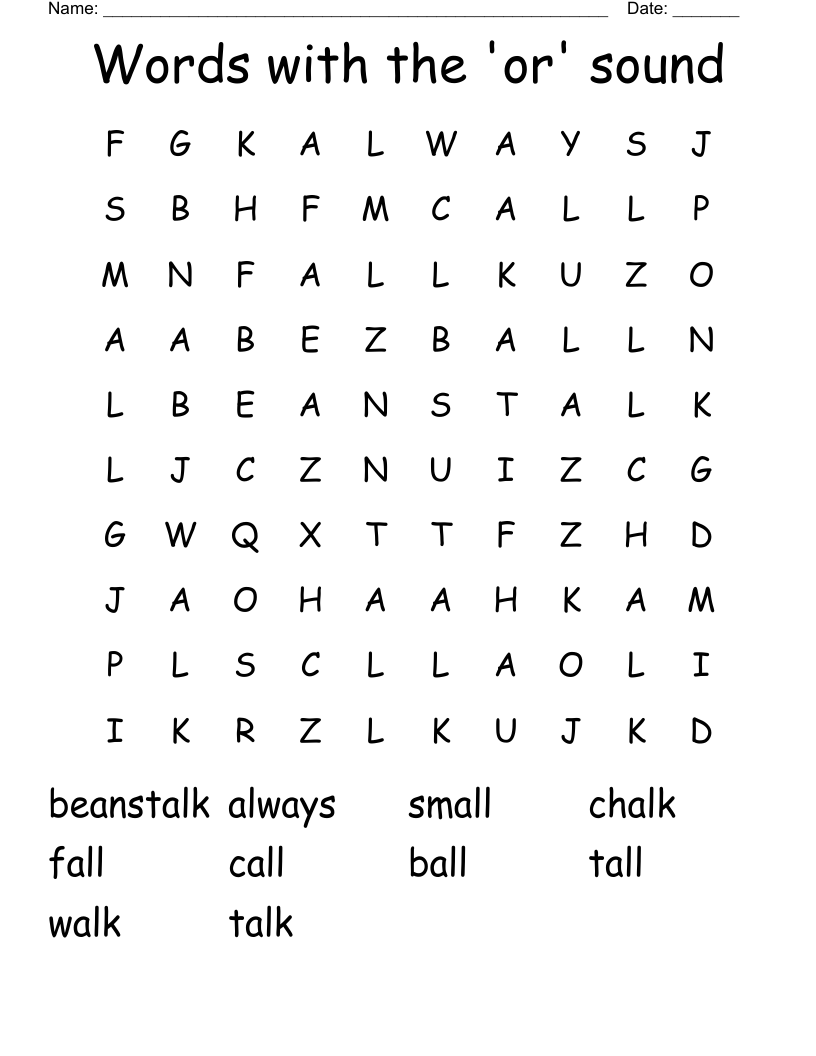 Words with the 'or' sound Word Search