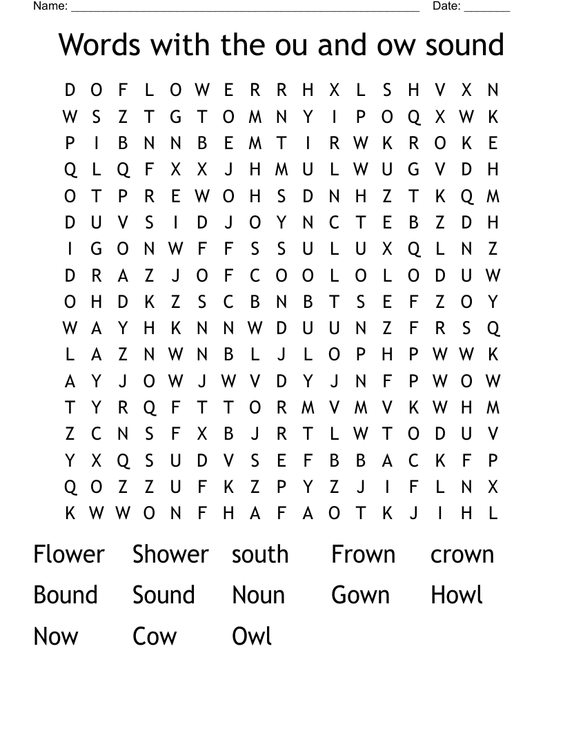 Words with the ou and ow sound Word Search