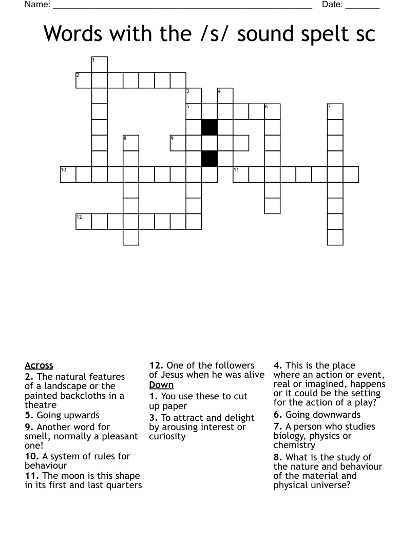 Words with the /s/ sound spelt sc Crossword