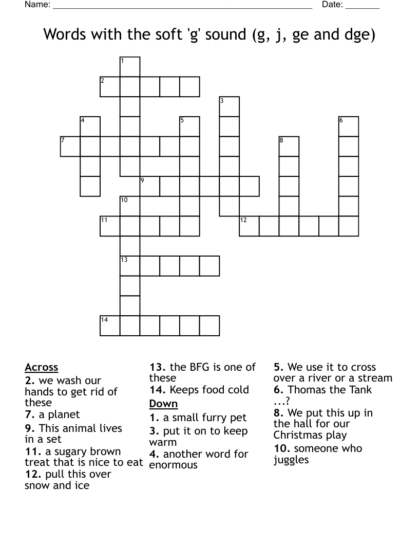 Words with the soft 'g' sound (g, j, ge and dge) Crossword