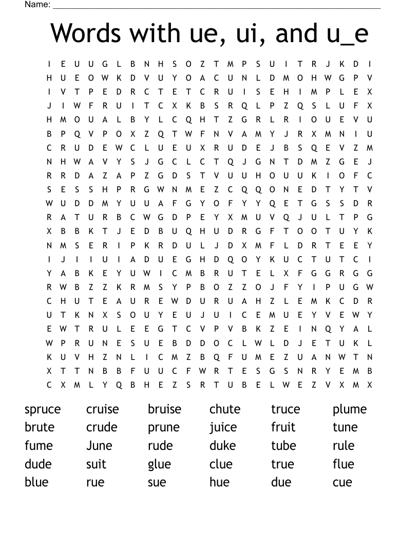 Words with ue, ui, and u_e Word Search