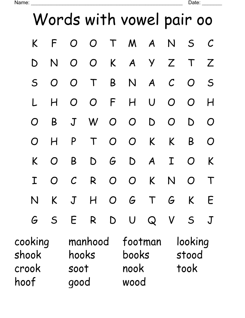 Words with vowel pair oo Word Search