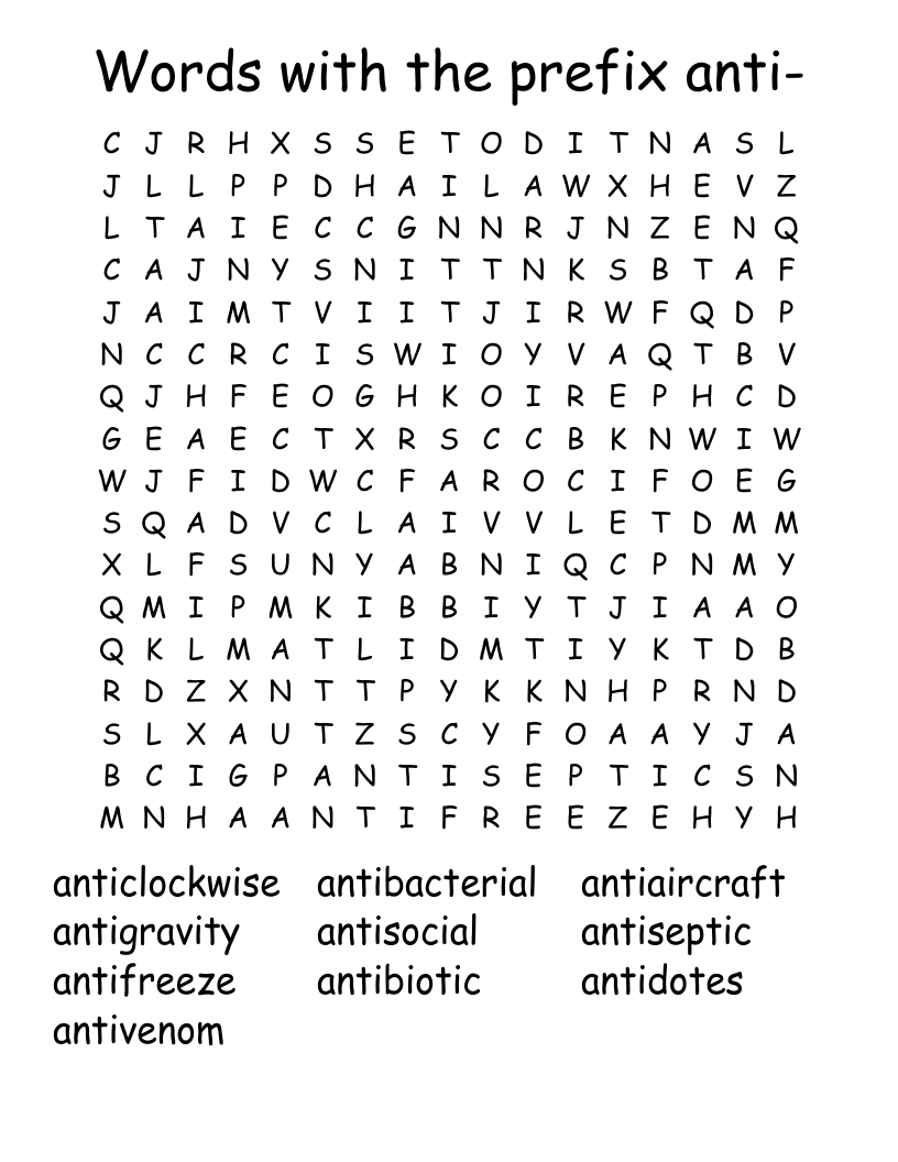 Words with the prefix anti- Word Search