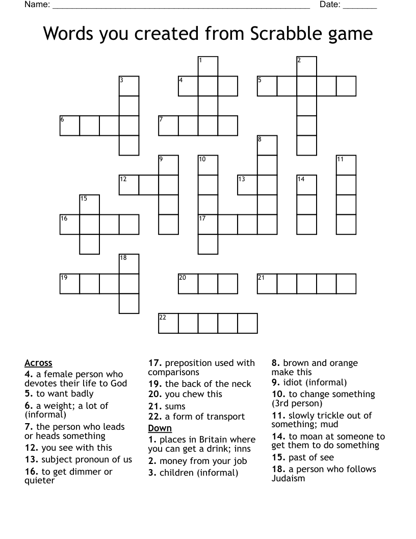Words you created from Scrabble game Crossword