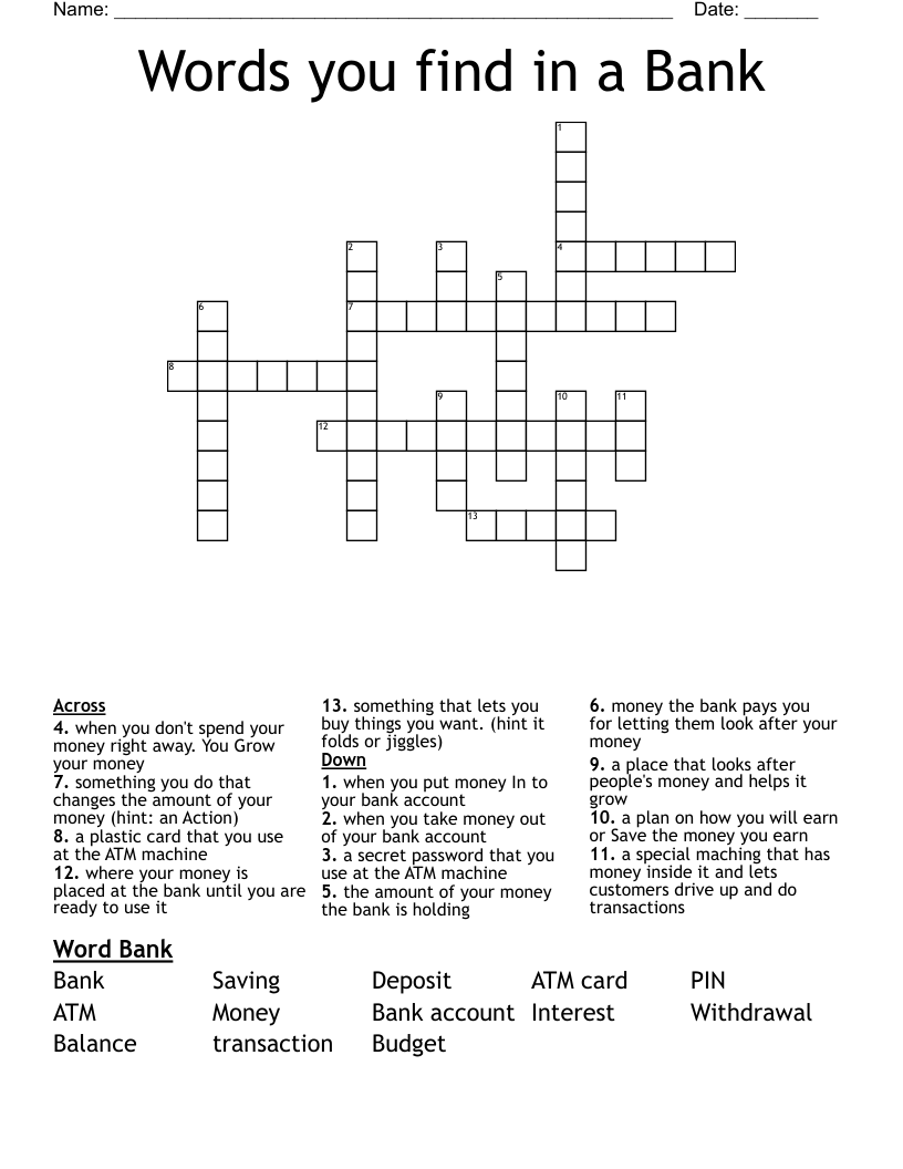 Words you find in a Bank Crossword