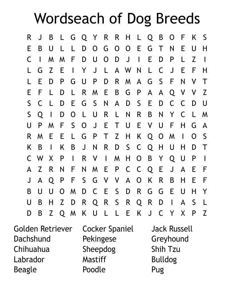 Wordseach of Dog Breeds Word Search