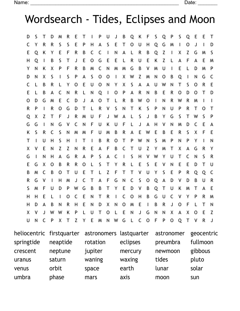 Wordsearch - Tides, Eclipses and Moon
