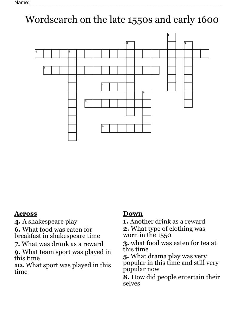 Wordsearch on the late 1550s and early 1600 Crossword