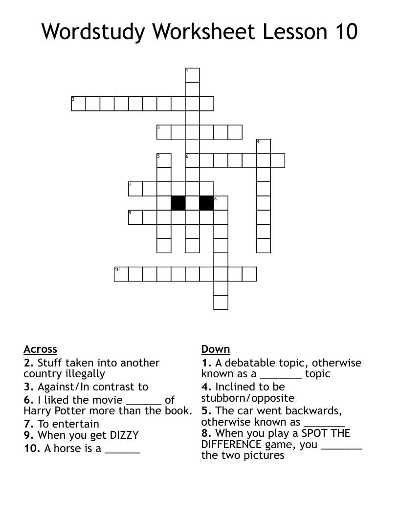 Wordstudy Worksheet Lesson 10 Crossword