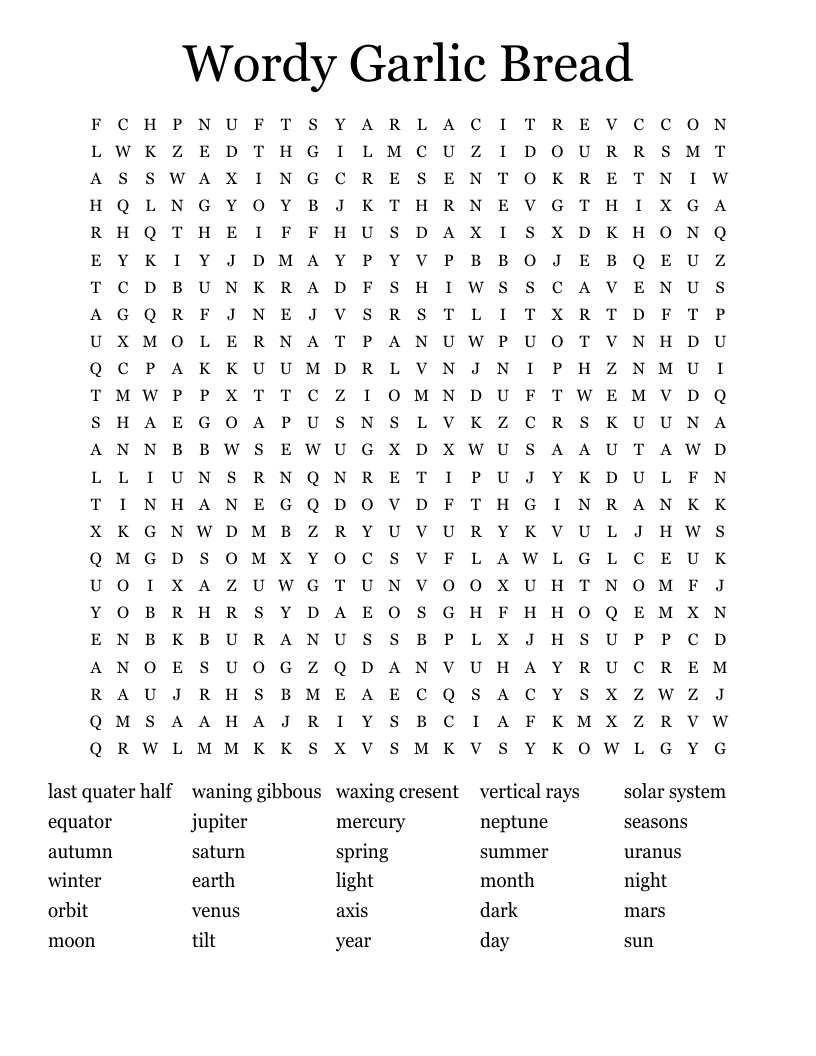 Wordy Garlic Bread Word Search