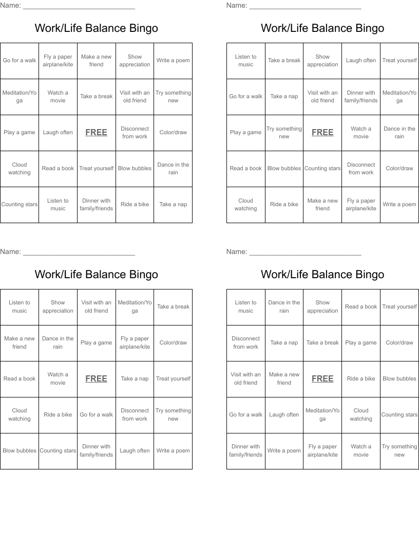 Work/Life Balance Bingo