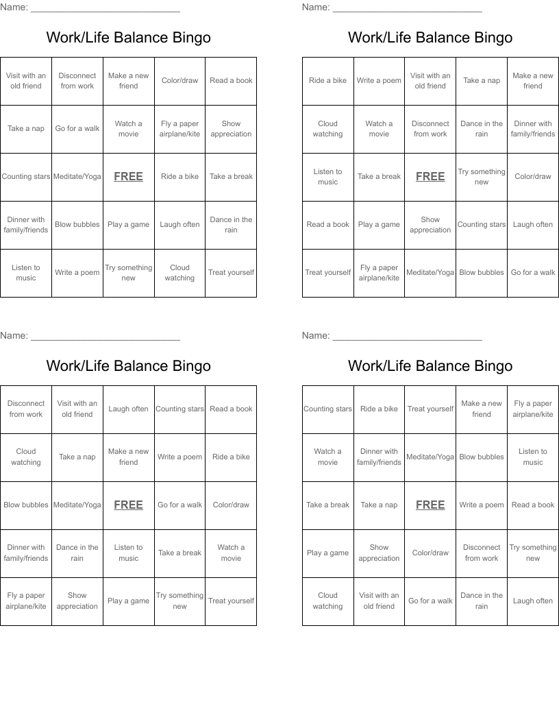 Work/Life Balance Bingo