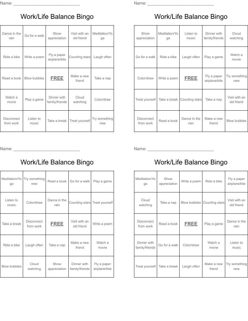 Work/Life Balance Bingo