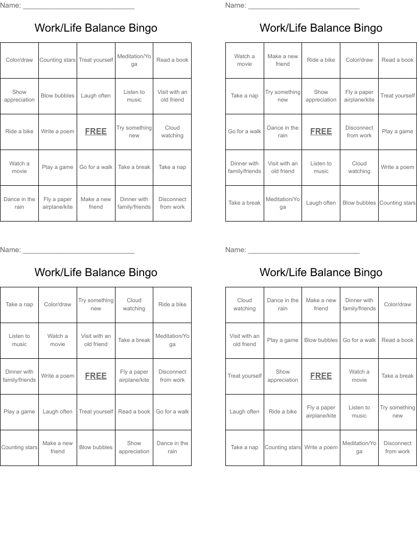 Work/Life Balance Bingo