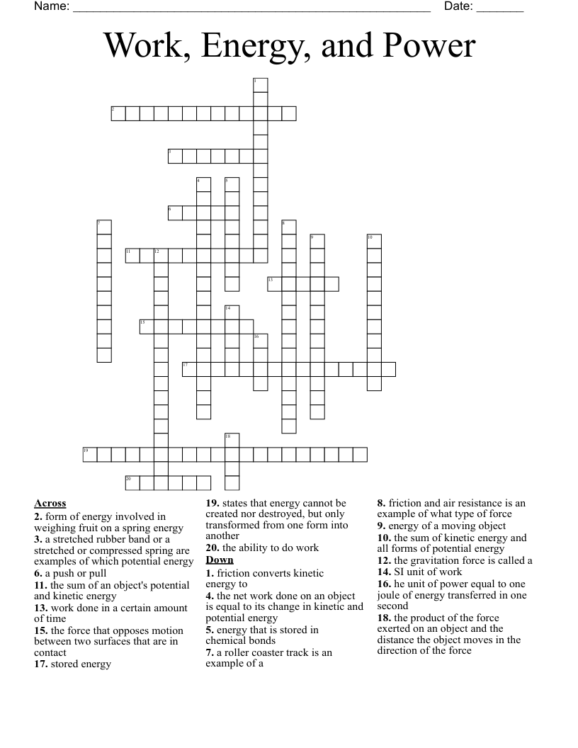 Work, Energy,  and Power Crossword