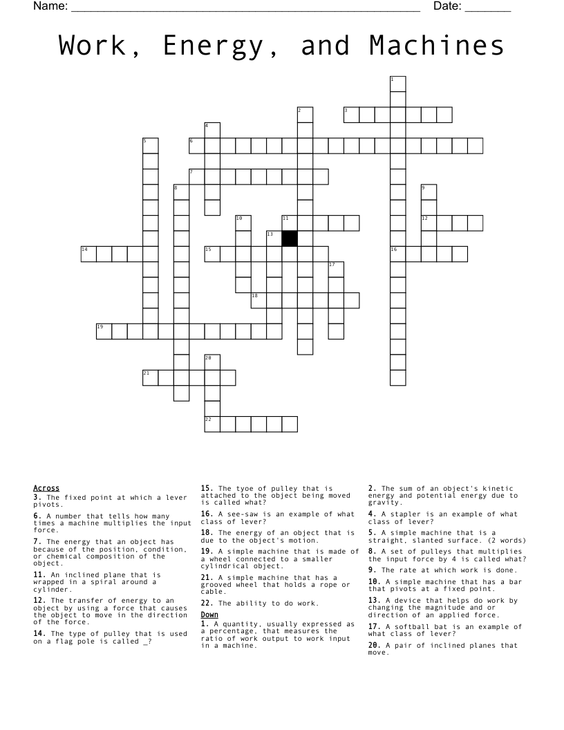 Work, Energy, and Machines Crossword