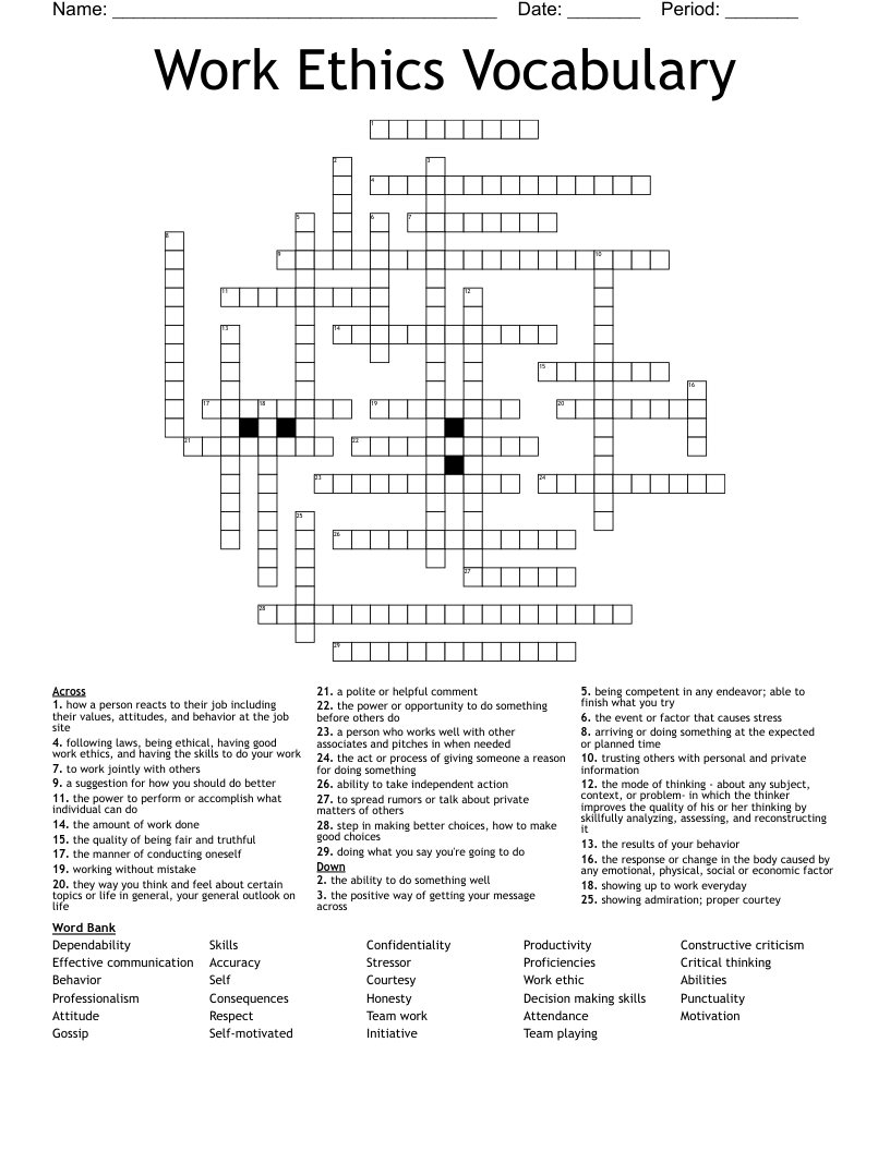 Work Ethics Vocabulary Crossword